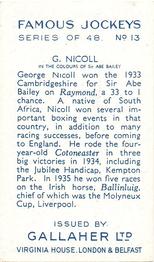 1936 Gallaher Famous Jockeys #13 George Nicoll Back